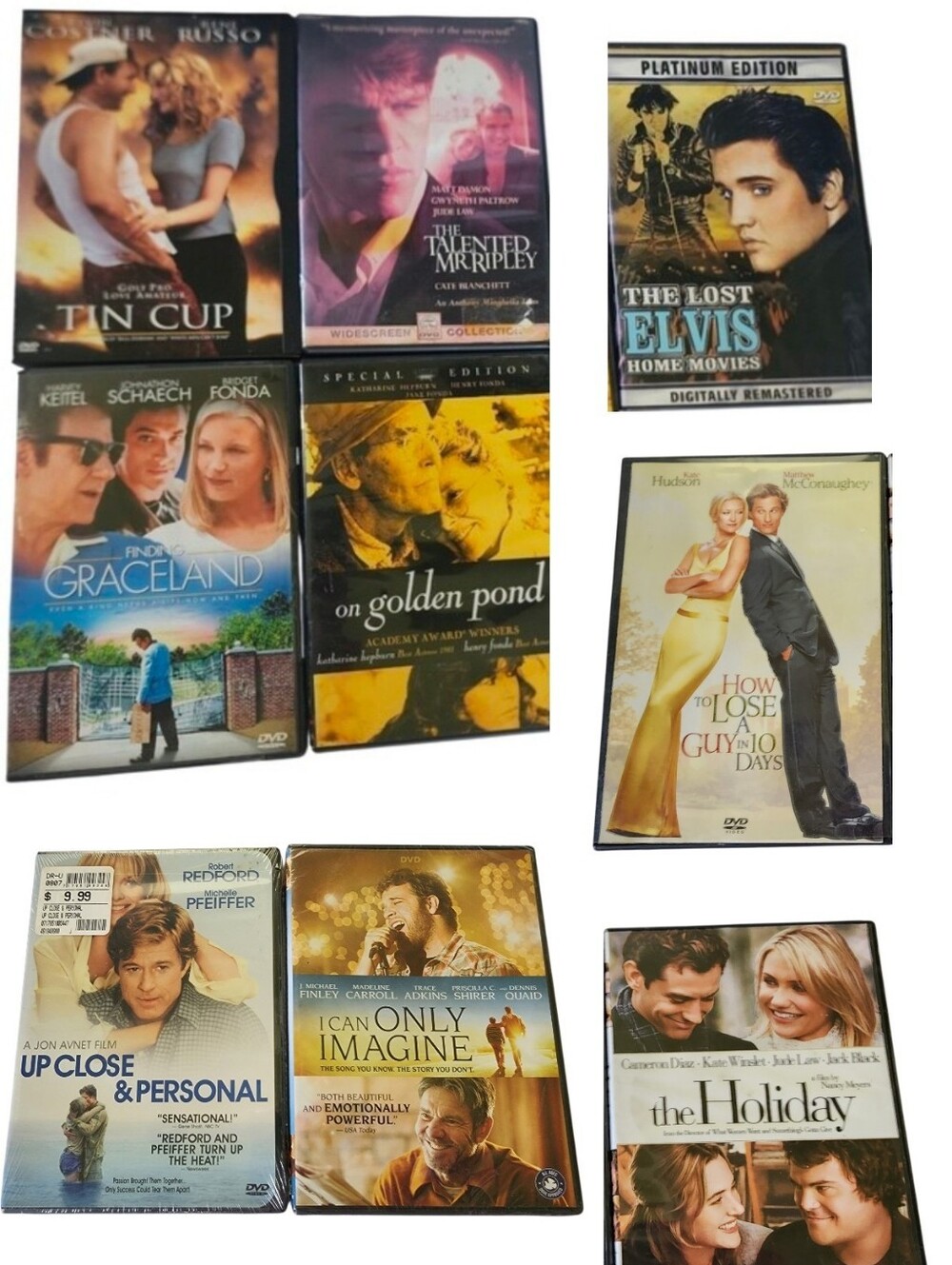 9pc Lot Of Elvis & RomCom DVDs-Talented Mr Ripley, Tin Cup, Etc